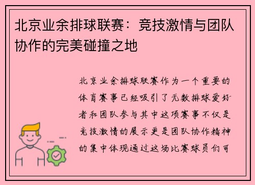 北京业余排球联赛：竞技激情与团队协作的完美碰撞之地